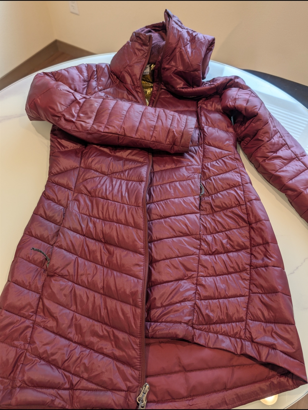 Women's Long Columbia OmniHeat Puffer Coat - Burgundy